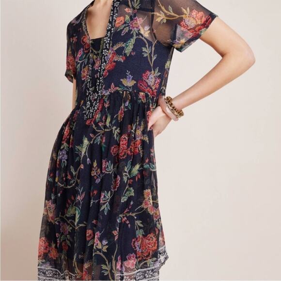 Anthropologie | Maeve Floral Sheer Shift Dress with Slip Dress Attached - Picture 1 of 7